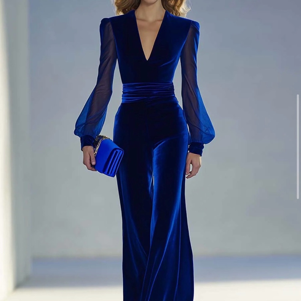 Elegant Blue Velvet Evening Jumpsuit